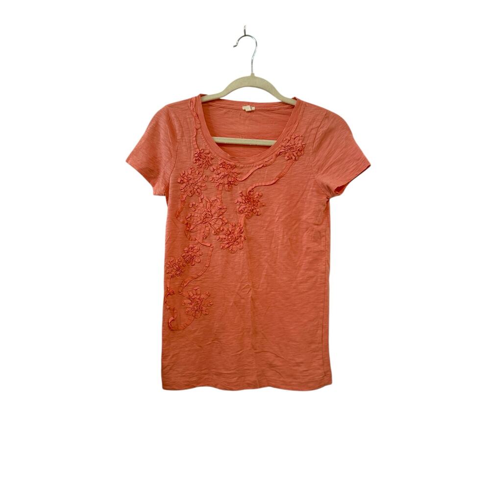 J Crew XS Coral Floral Applique Scoop Neck Cotton Short Sleeve Tee